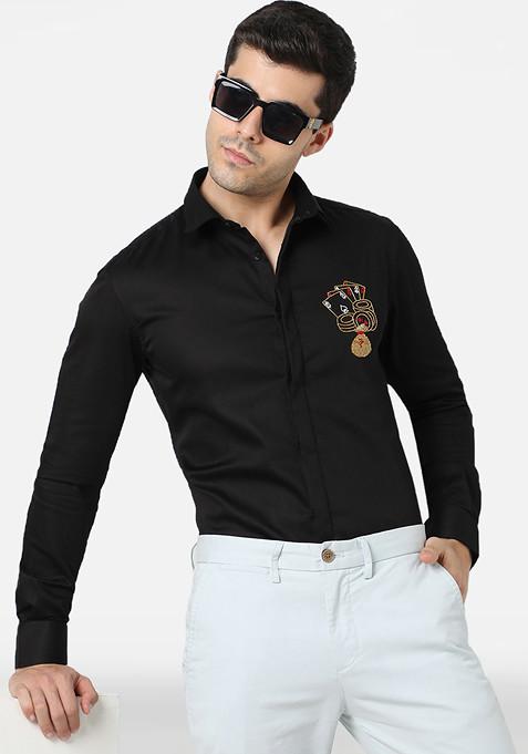 Black All In Embroidered Cotton Shirt For Men