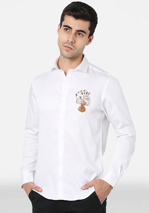 White All In Embroidered Cotton Shirt For Men