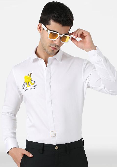 White Full Tank Embroidered Cotton Shirt For Men