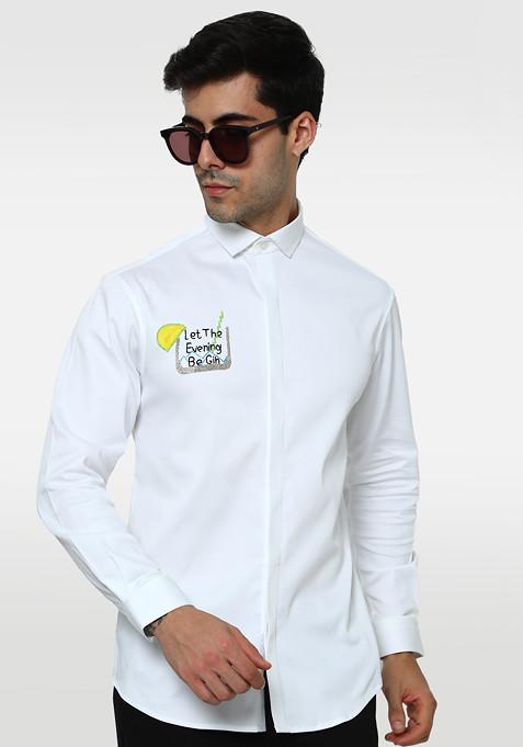 White Begin Embroidered Cotton Shirt For Men