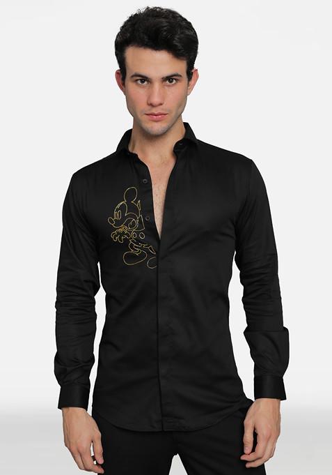 Black Old Mickey Embroidered Cotton Shirt For Men