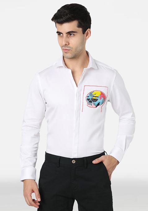 White Colour Block Skull Embroidered Cotton Shirt For Men