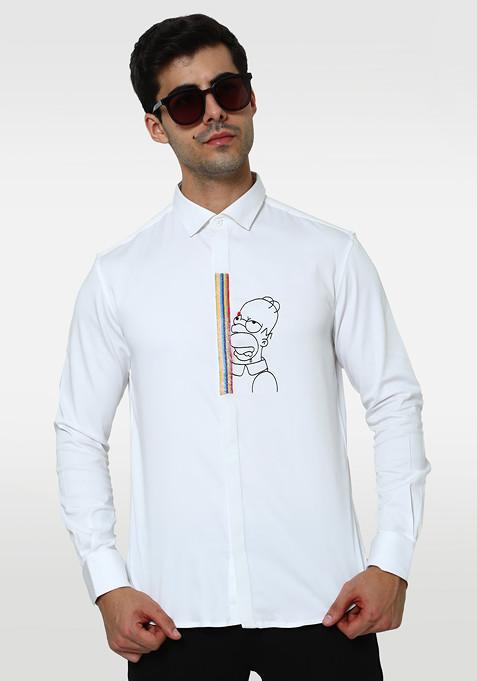 White Simsim Embroidered Cotton Shirt For Men