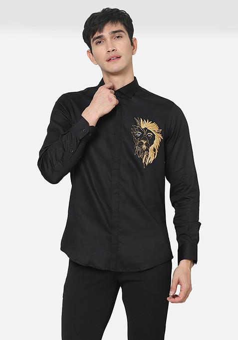 Black Lion Embroidered Cotton Shirt For Men