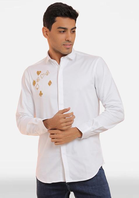White Poker Embroidered Cotton Shirt For Men
