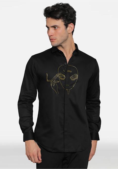 Black Alien Embroidered Cotton Shirt For Men