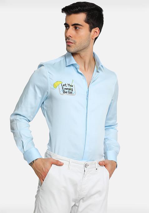 Powder Blue Begin Embroidered Cotton Shirt For Men