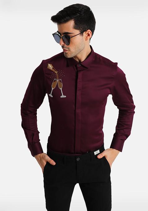 Wine Champagne Embroidered Cotton Shirt For Men