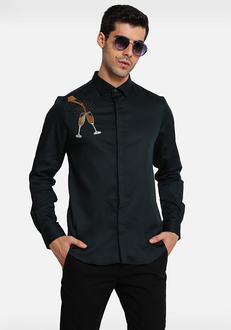 Bottle Green Champagne Embroidered Cotton Shirt For Men