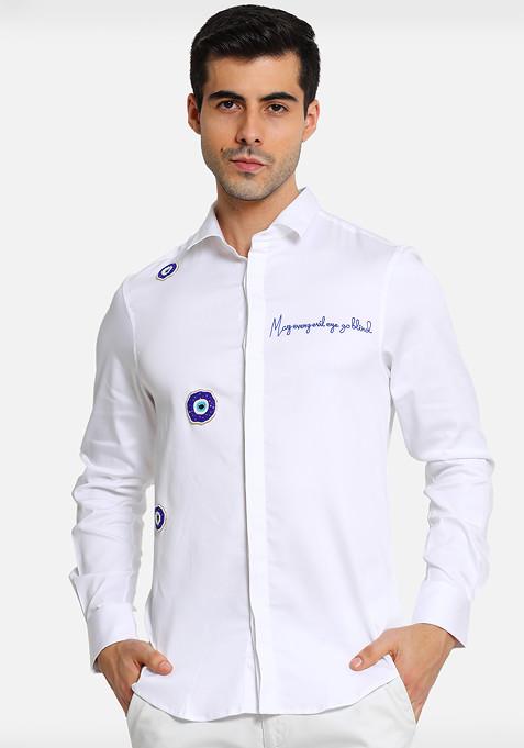 White Evil Eye Embroidered Cotton Shirt For Men