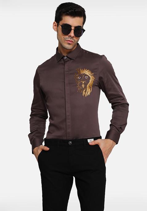 Brown Lion Embroidered Cotton Shirt For Men
