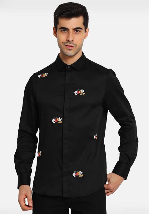 Black New Mickey Embroidered Cotton Shirt For Men
