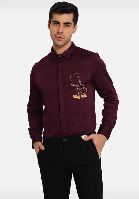 Wine New Simsim Embroidered Cotton Shirt For Men