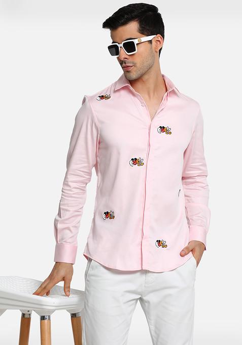 Baby Pink New Mickey Embroidered Cotton Shirt For Men