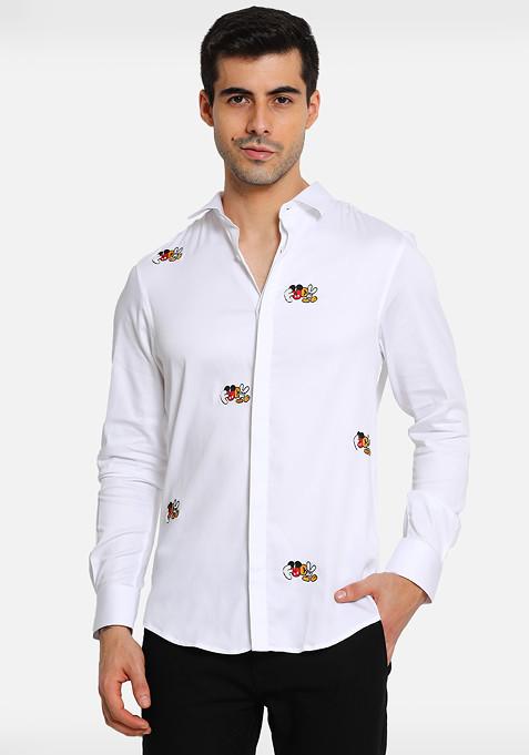 White New Mickey Embroidered Cotton Shirt For Men
