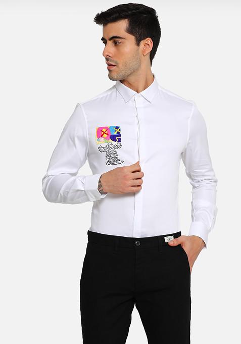 White TV Robot Embroidered Cotton Shirt For Men
