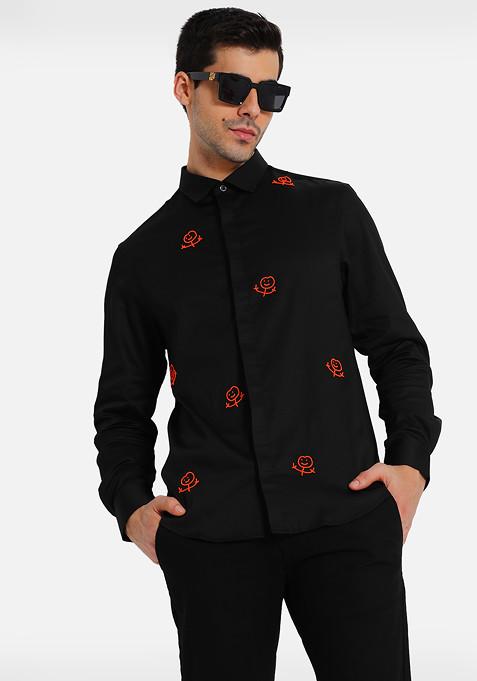 Black Screw You Embroidered Cotton Shirt For Men