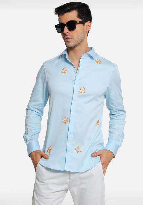 Powder Blue Screw You Embroidered Cotton Shirt For Men