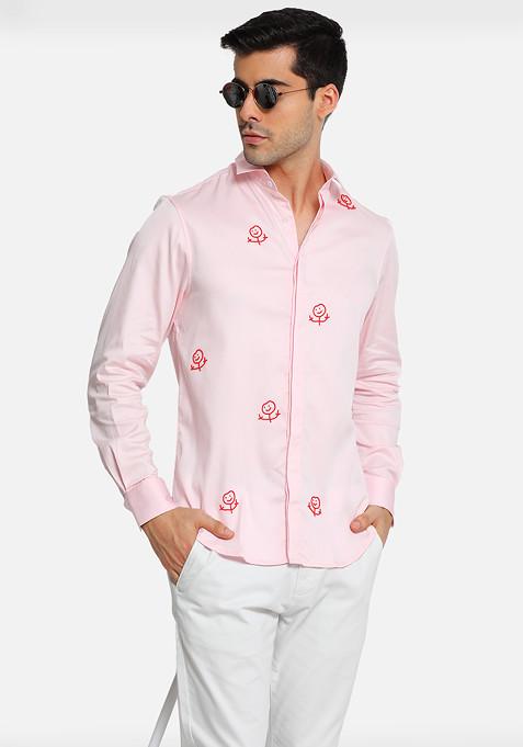 Baby Pink Screw You Embroidered Cotton Shirt For Men