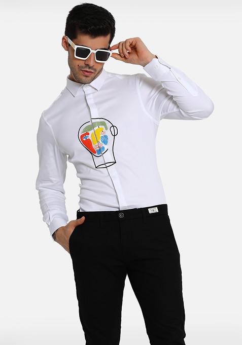 White Face Embroidered Cotton Shirt For Men