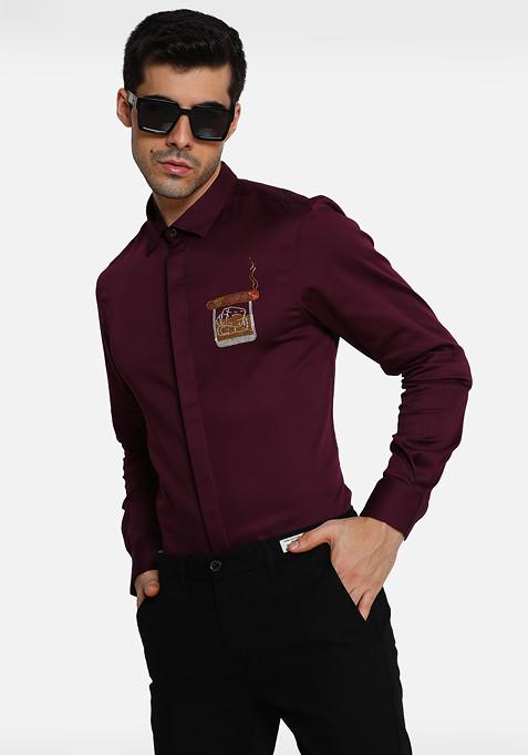 Wine Wickey Ciger Embroidered Cotton Shirt For Men