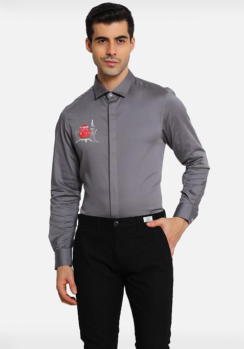 Grey Beach Embroidered Cotton Shirt For Men