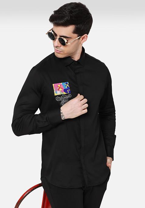 Black TV Robot Embroidered Cotton Shirt For Men