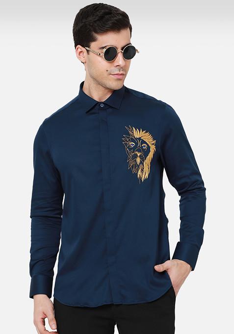 Royal Blue Lion Embroidered Cotton Shirt For Men