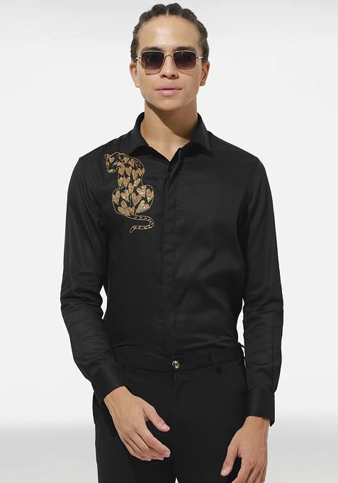 Black Panther Embroidered Cotton Shirt For Men