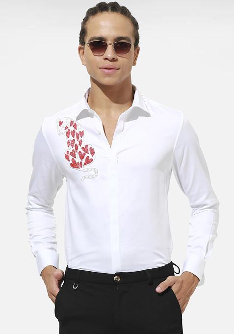 White Panther Embroidered Cotton Shirt For Men