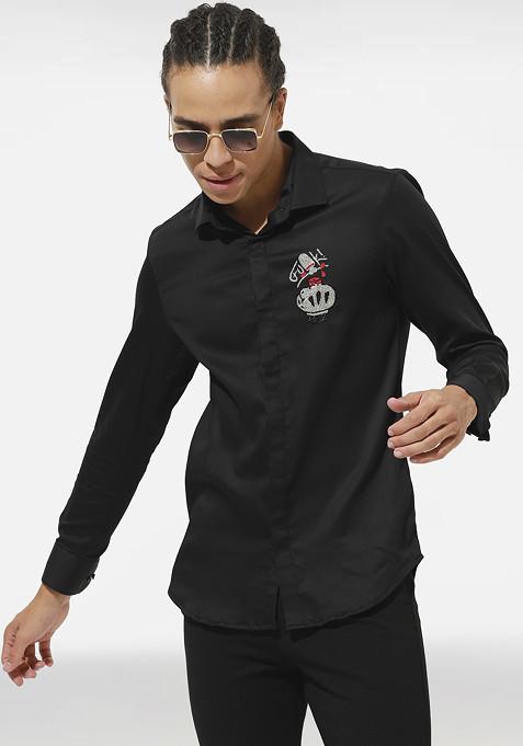 Black Bone Mickey Embroidered Cotton Shirt For Men