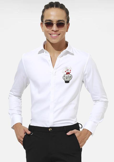 White Bone Mickey Embroidered Cotton Shirt For Men