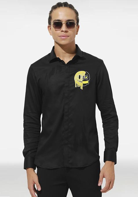 Black Smiley Skull Embroidered Cotton Shirt For Men