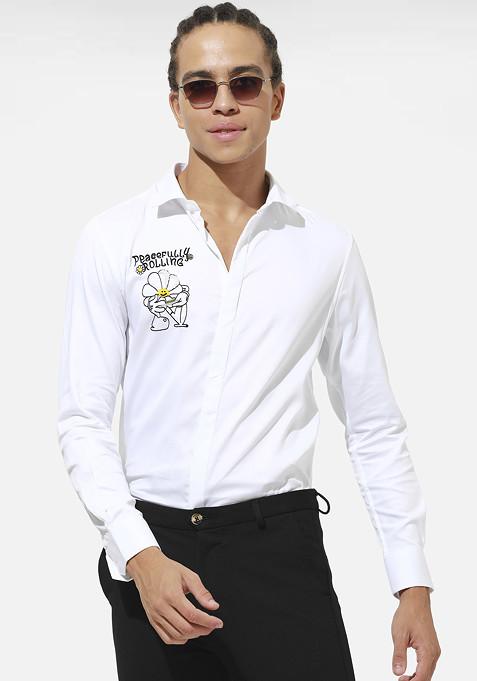 White Peacefully Rolling Embroidered Cotton Shirt For Men