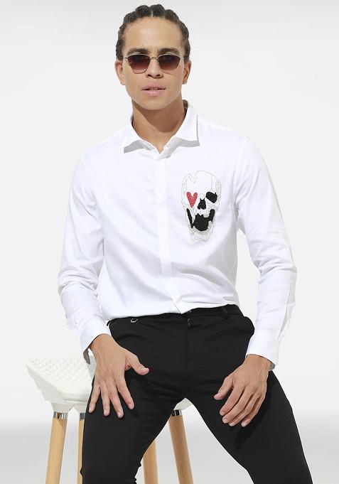 White Heart Skull Embroidered Cotton Shirt For Men