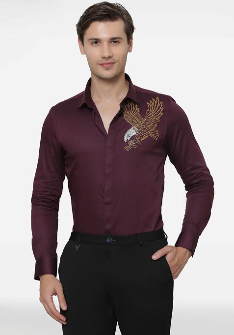 Wine Eagle Embroidered Cotton Shirt For Men