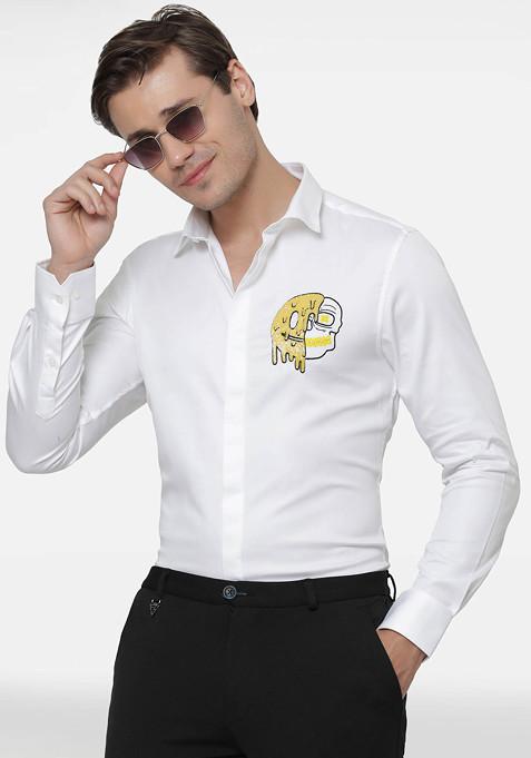 White Smiley Skull Embroidered Cotton Shirt For Men