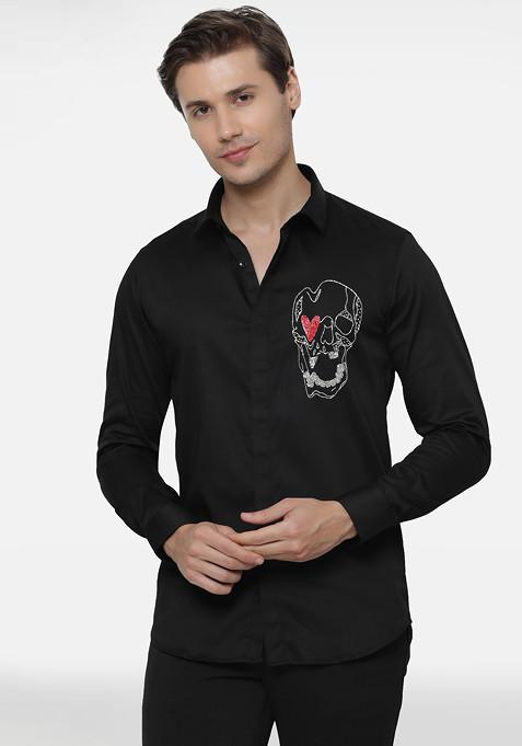 Black Heart Skull Embroidered Cotton Shirt For Men
