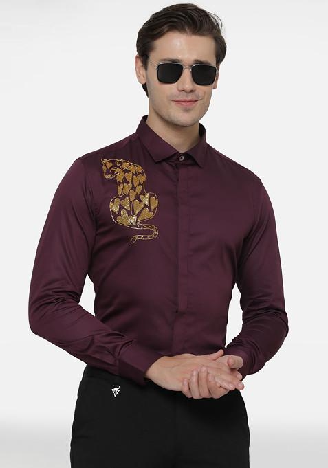 Wine Panther Embroidered Cotton Shirt For Men