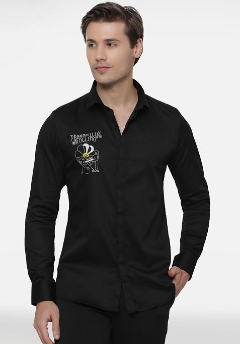 Black Peacefully Rolling Embroidered Cotton Shirt For Men