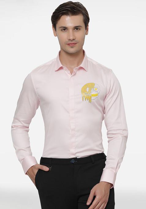 Baby Pink Smiley Embroidered Cotton Shirt For Men
