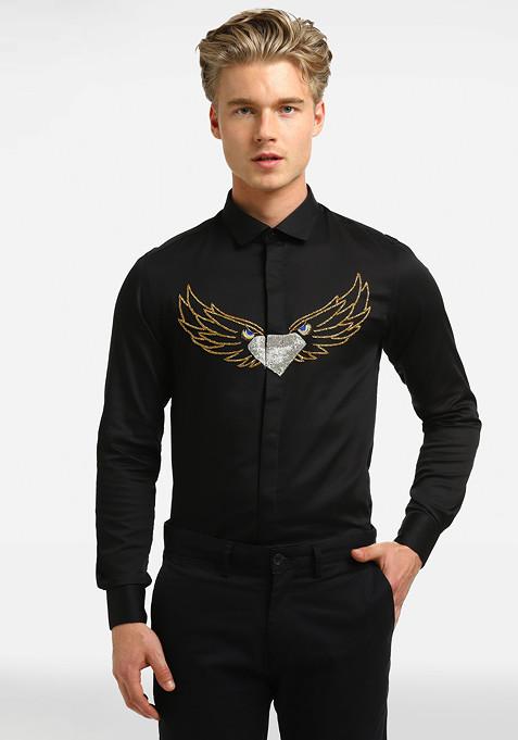 Black Diamond Eagle Embroidered Cotton Shirt For Men