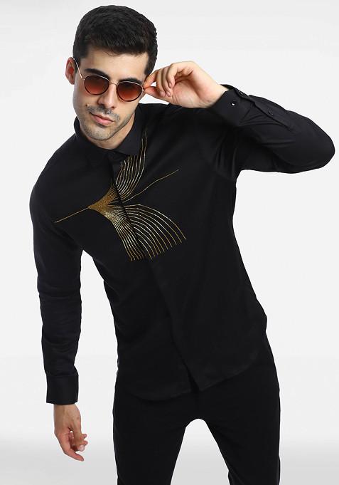 Black Sparkler Embroidered Cotton Shirt For Men