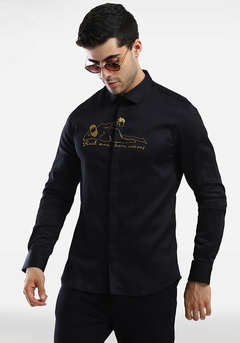 Black Real Man Embroidered Cotton Shirt For Men