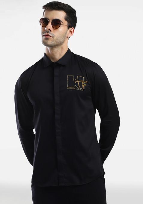 Black Embroidered Cotton Lycra Shirt For Men