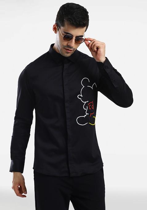 Black Big Mickey Embroidered Shirt For Men