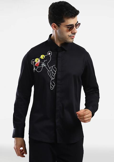 Black Pink Panther Embroidered Shirt For Men