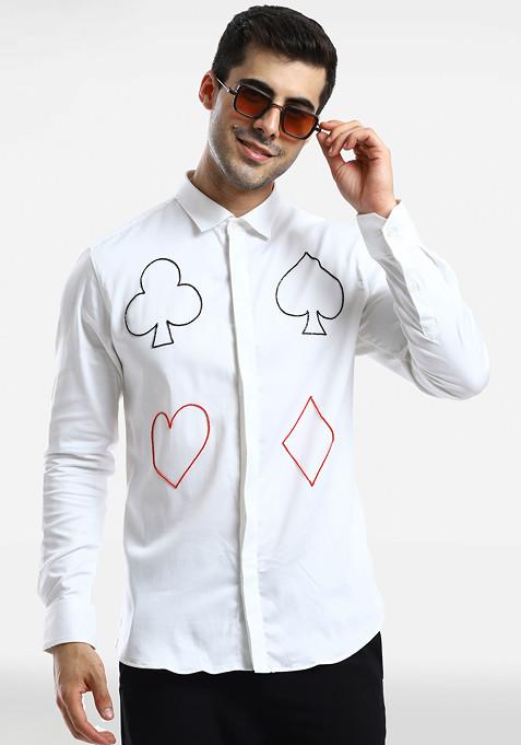 White Four Tas Embroidered Shirt For Men
