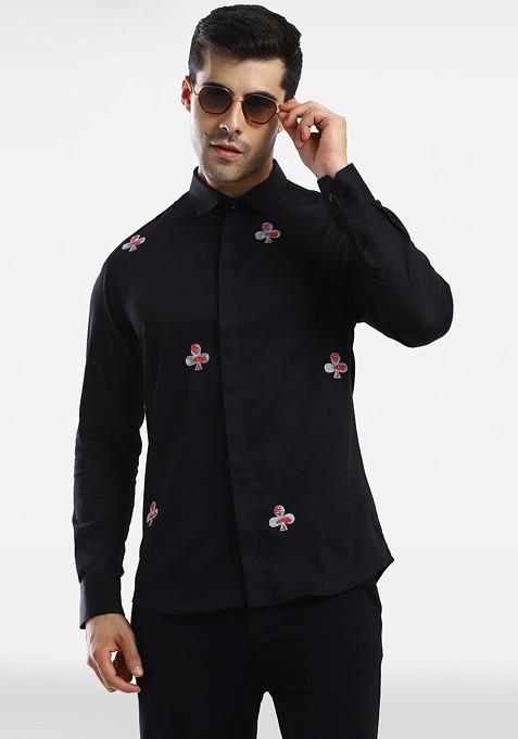 Black Club Embroidered Shirt For Men