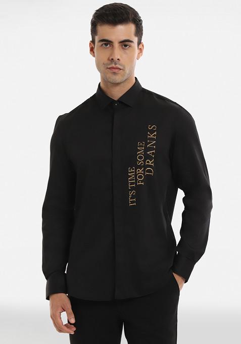 Black Embellished Lycra Shirt For Men